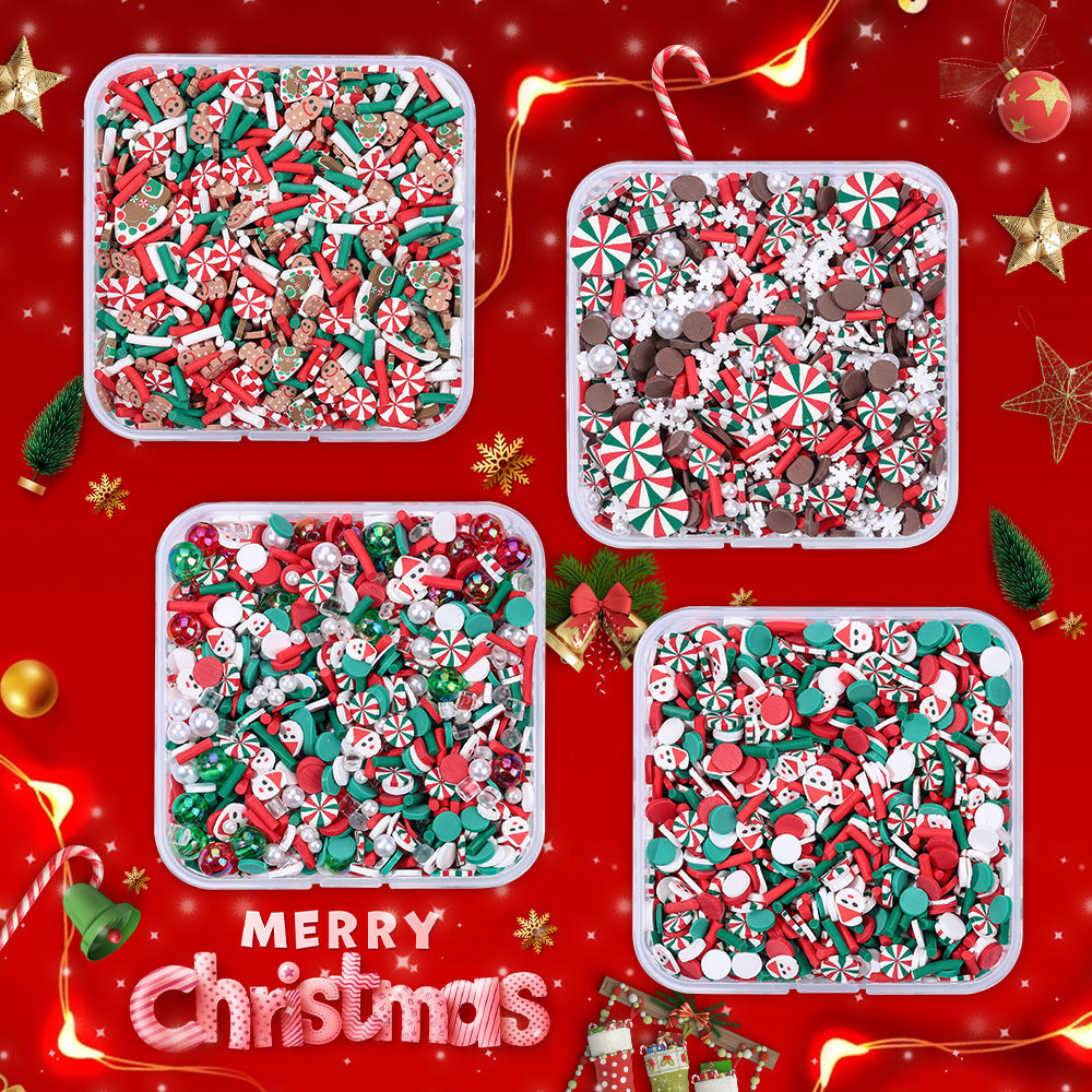 60g Polymer Clay Slices Set Slime Charms- 4 Styles (Pearl Christmas, Gingerbread, Snowflake, Snowman) in Plastic Storage Box for DIY Crafts