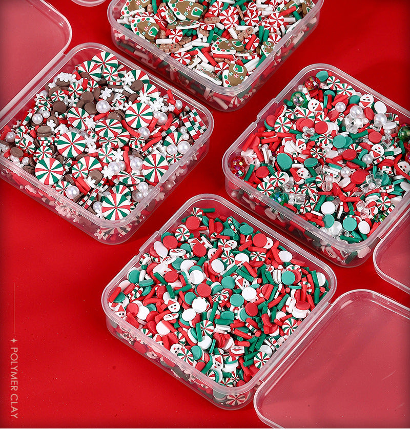 60g Polymer Clay Slices Set Slime Charms- 4 Styles (Pearl Christmas, Gingerbread, Snowflake, Snowman) in Plastic Storage Box for DIY Crafts