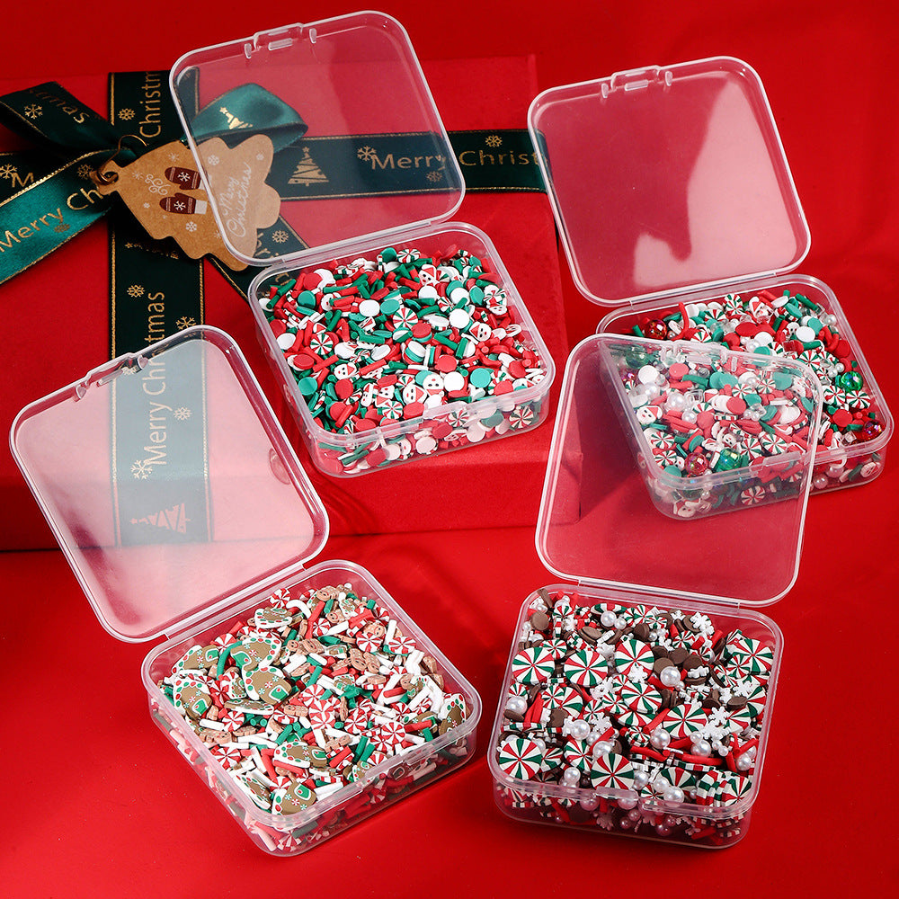 60g Polymer Clay Slices Set Slime Charms- 4 Styles (Pearl Christmas, Gingerbread, Snowflake, Snowman) in Plastic Storage Box for DIY Crafts