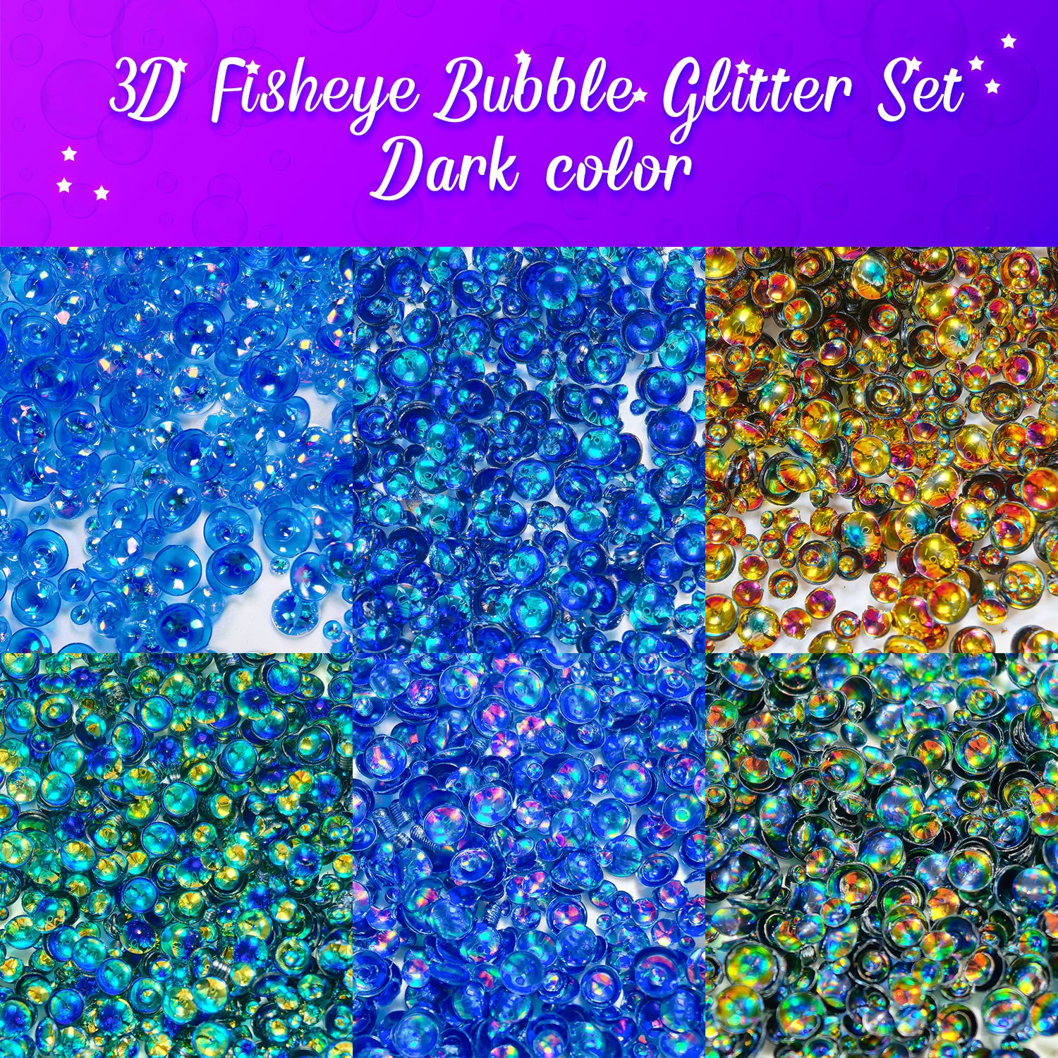 Dark Color PG 3D Fisheye Bubble Glitter Set 6 Colors