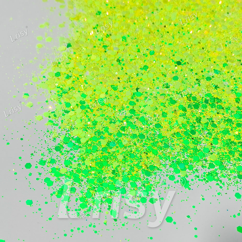 High Brightness Fluorescent Iridescent Yellow Chunky Mixed Glitter HX-HR001