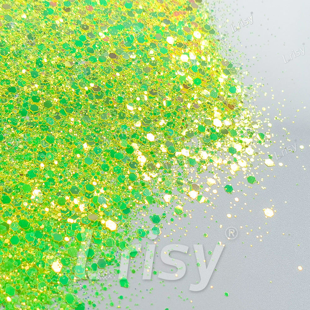 High Brightness Fluorescent Iridescent Yellow Chunky Mixed Glitter HX-HR001