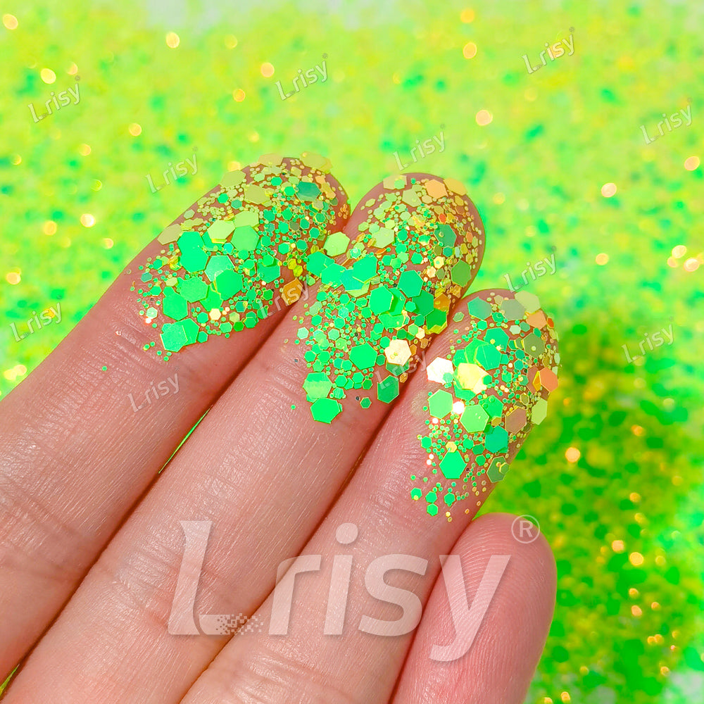 High Brightness Fluorescent Iridescent Yellow Chunky Mixed Glitter HX-HR001