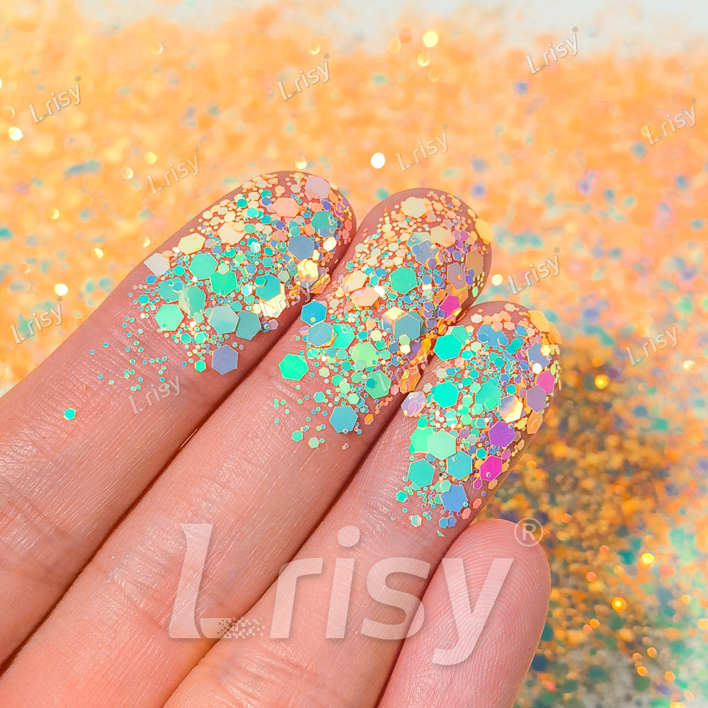 High Brightness Fluorescent Iridescent Light Orange Chunky Mixed Glitter HX-HR002