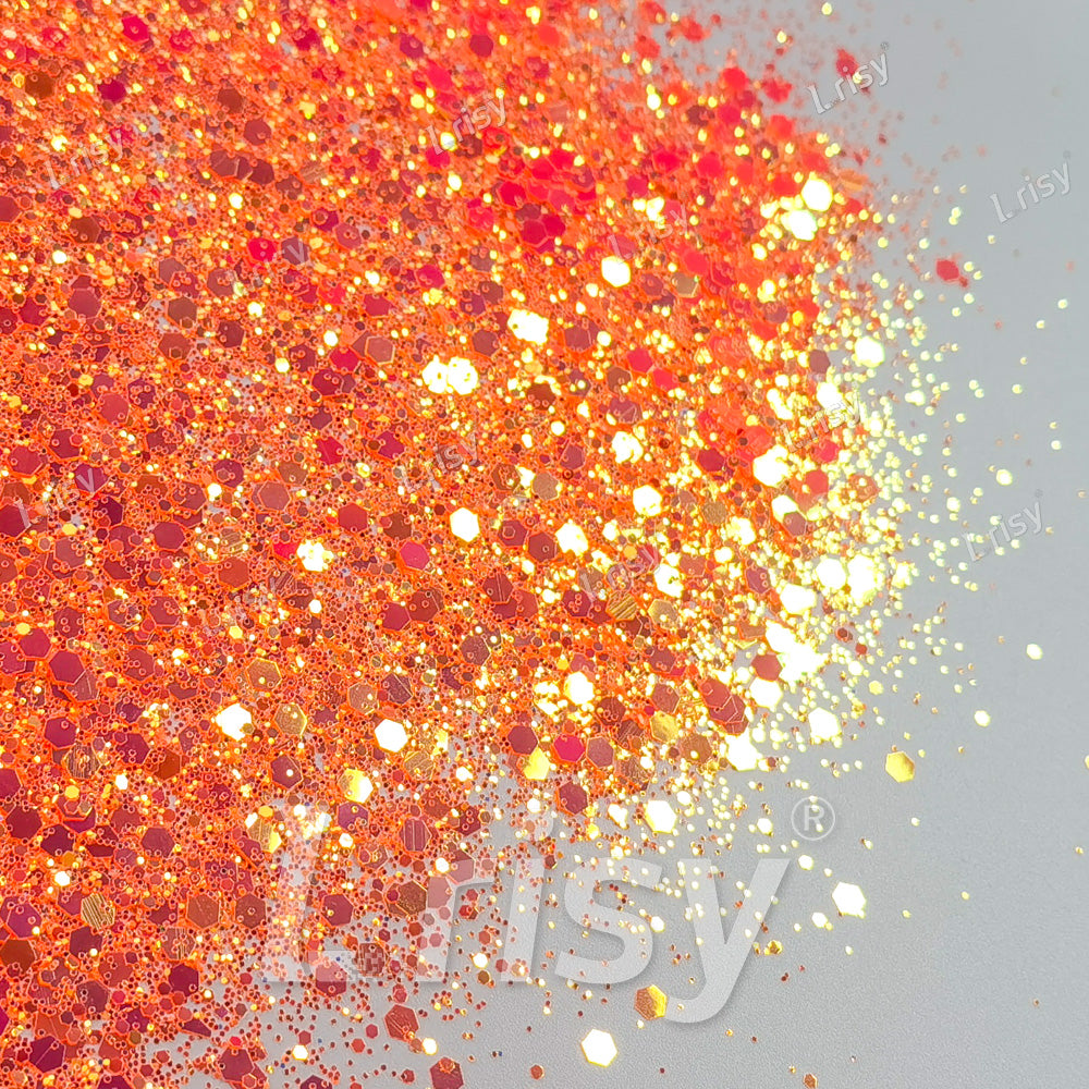 High Brightness Fluorescent Iridescent Orange Red Chunky Mixed Glitter HX-HR005