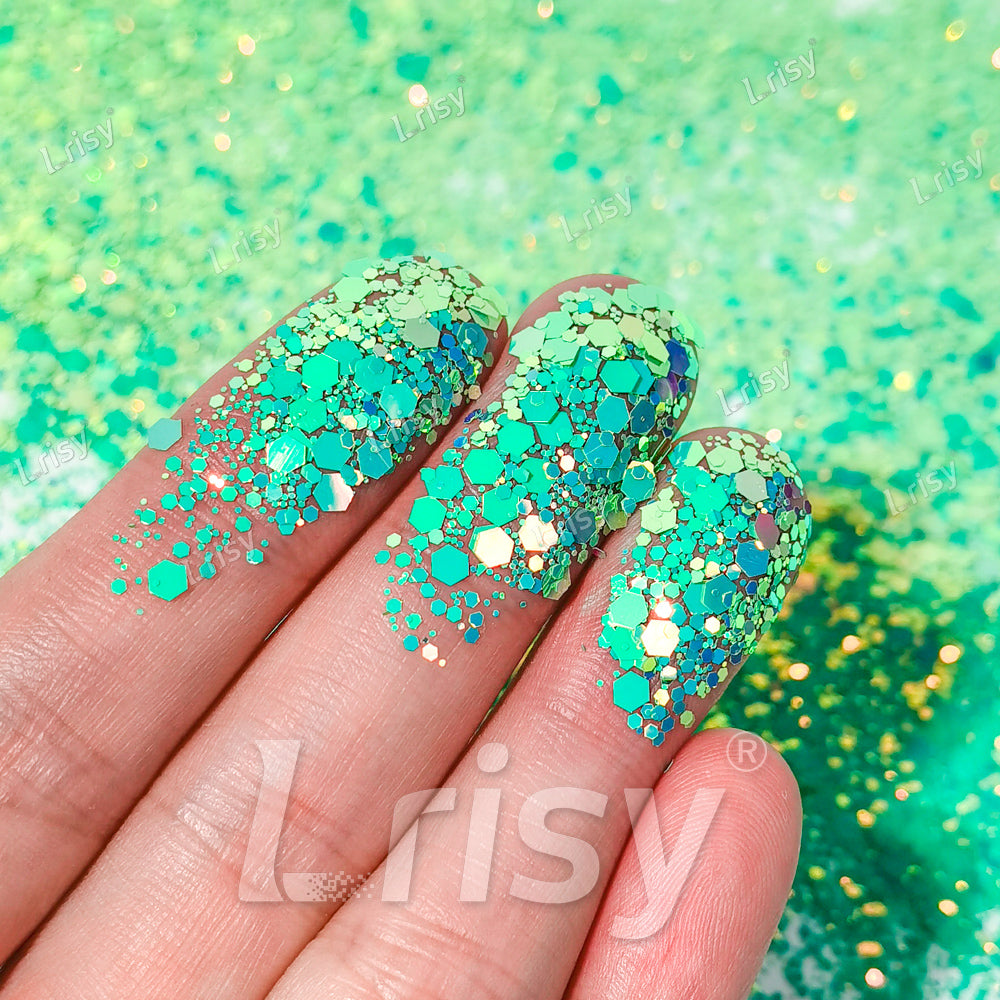 High Brightness Fluorescent Iridescent Lake Green Chunky Mixed Glitter HX-HR003