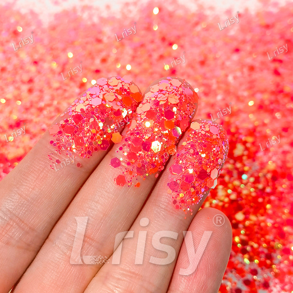 High Brightness Fluorescent Iridescent Red Chunky Mixed Glitter HX-HR012