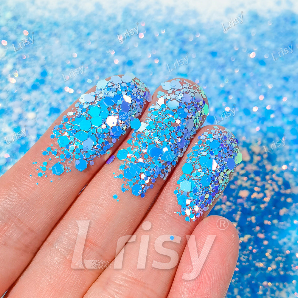 High Brightness Fluorescent Iridescent Sky Blue Chunky Mixed Glitter HX-HR010