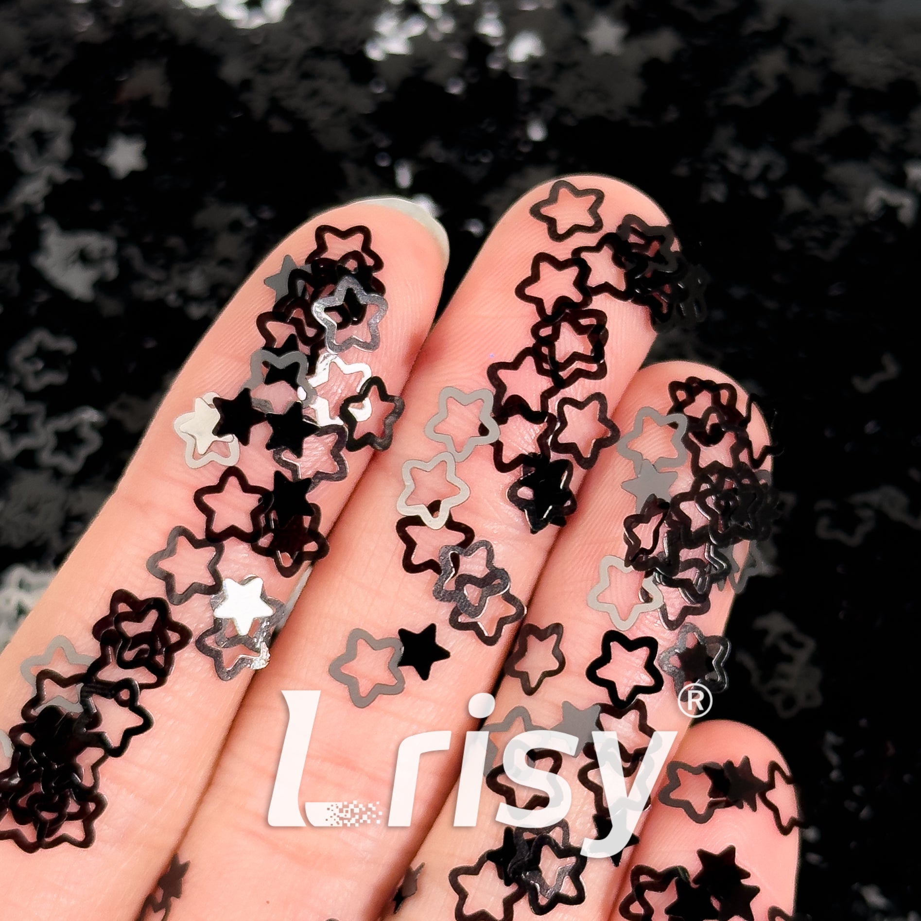 6mm Rounded Hollow Out Star Shaped Black Glitter B01000