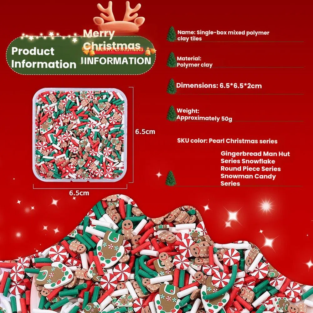 60g Polymer Clay Slices Set Slime Charms- 4 Styles (Pearl Christmas, Gingerbread, Snowflake, Snowman) in Plastic Storage Box for DIY Crafts