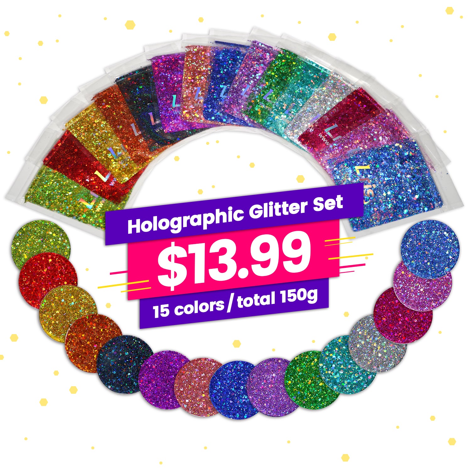 Lrisy General Mixed Holographic Glitter Set/Kits 15 Colors (Total 150g)