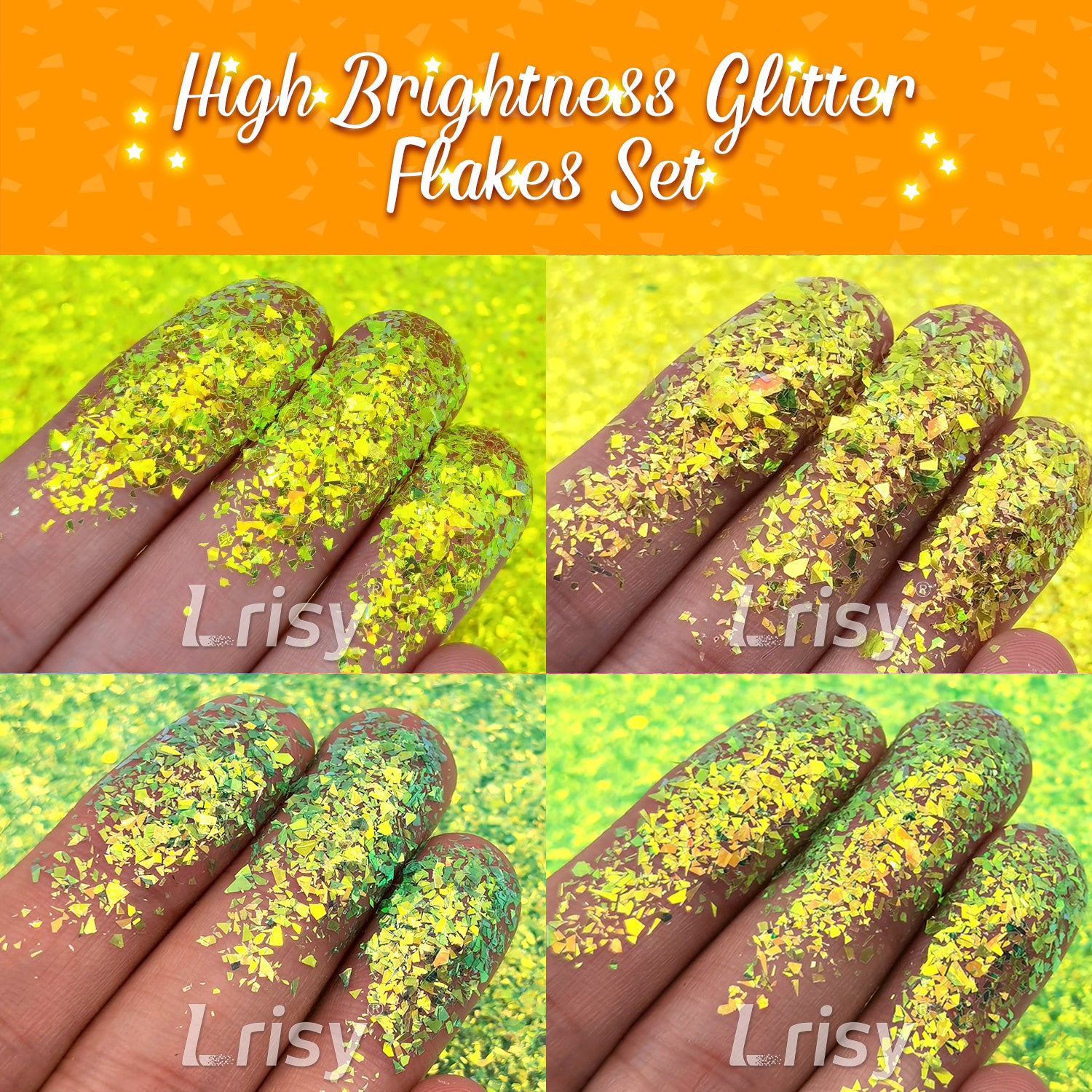 Lrisy High Brightness 2X2 Glitter Shards (Flakes) Set/Kits 16 Colors (Total 160g)