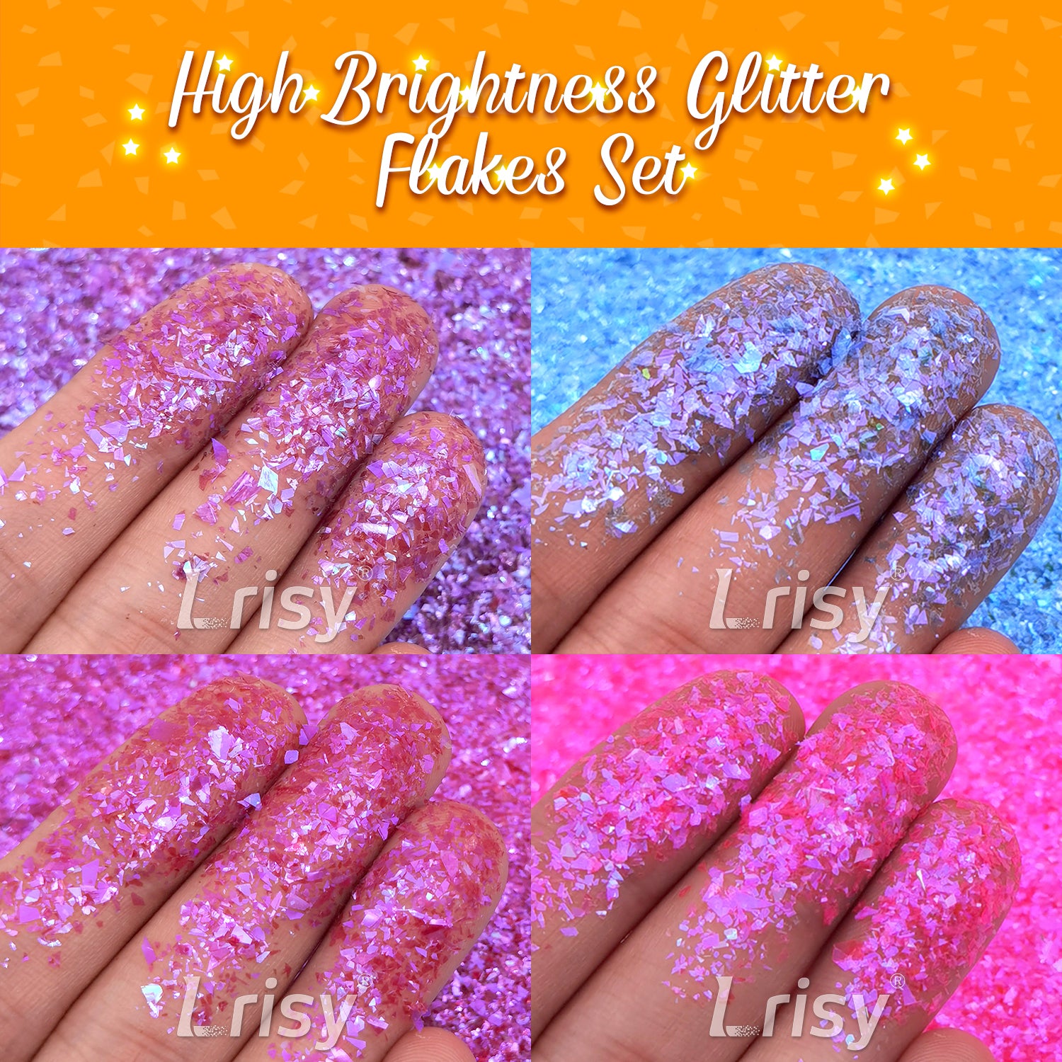 Lrisy High Brightness 2X2 Glitter Shards (Flakes) Set/Kits 16 Colors (Total 160g)