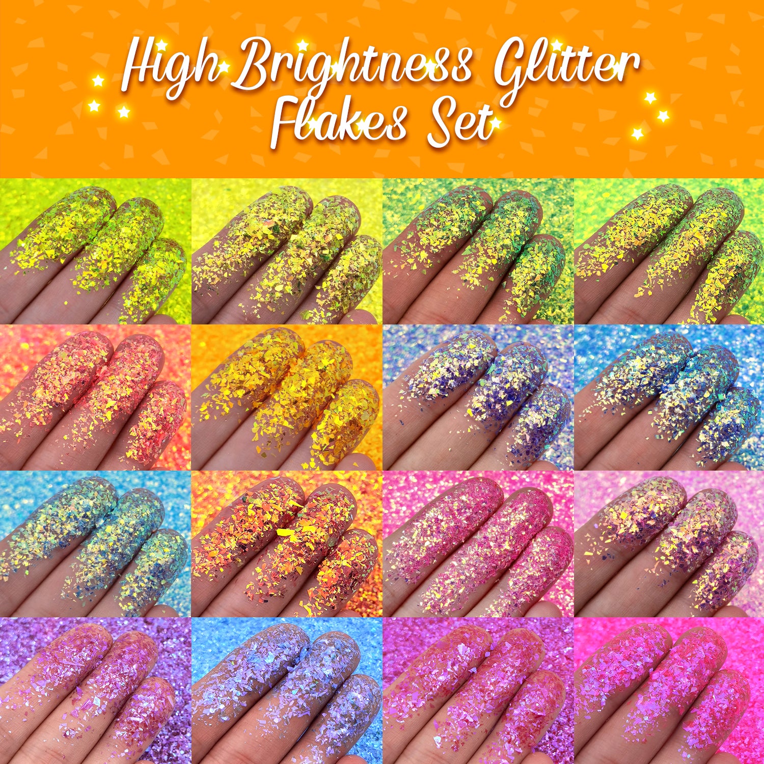 Lrisy High Brightness 2X2 Glitter Shards (Flakes) Set/Kits 16 Colors (Total 160g)