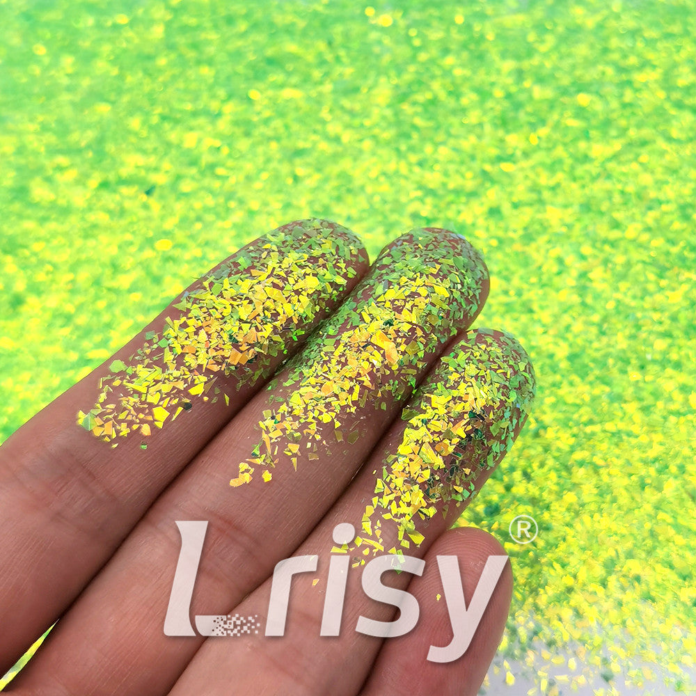Fluorescent Green High Brightness Iridescent Cellophane Glitter Shards (Flakes) FC333A 2x2