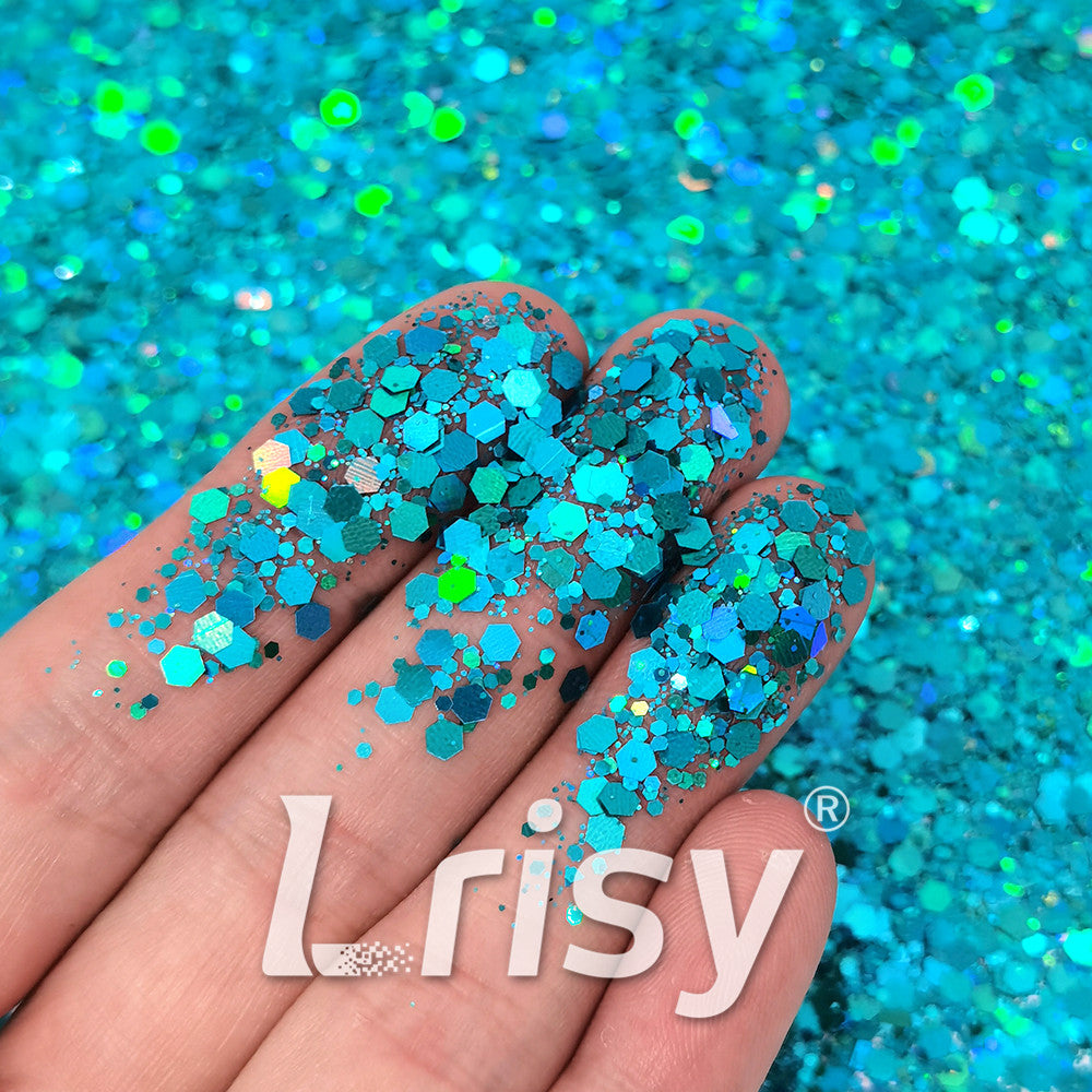 General Mixed Holographic Lake Blue Glitter Hexagon Shaped LB0701