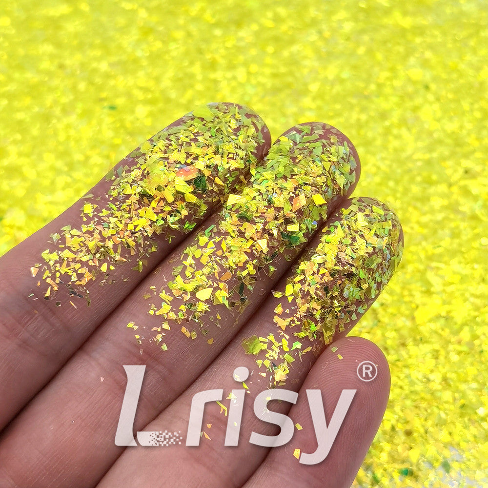 High Brightness Lemon Yellow Iridescent Cellophane Glitter Shards (Flakes) FC332 2x2