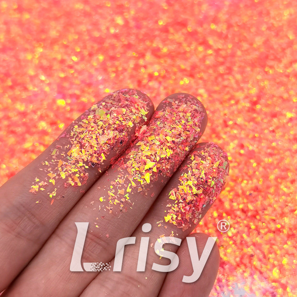 Fluorescent Reddish Orange High Brightness Iridescent Cellophane Glitter Shards (Flakes) FC334 2x2