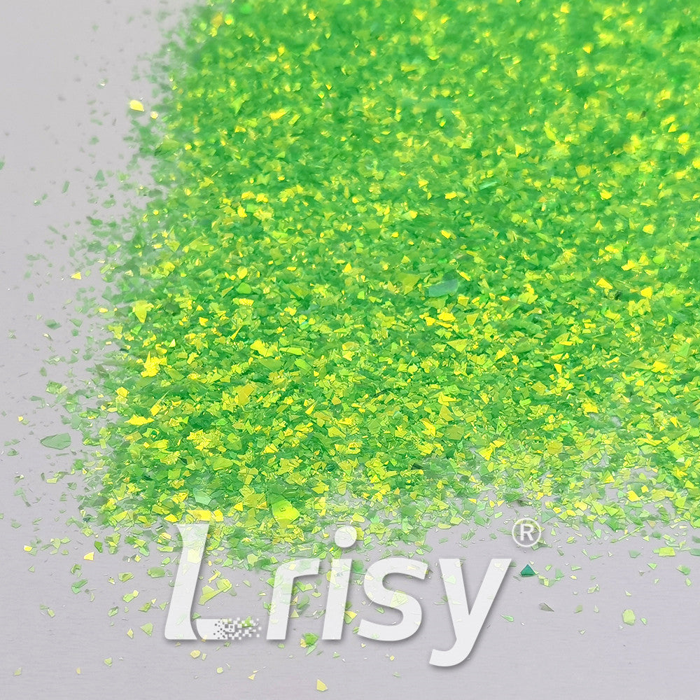Fluorescent Green High Brightness Iridescent Cellophane Glitter Shards (Flakes) FC333A 2x2