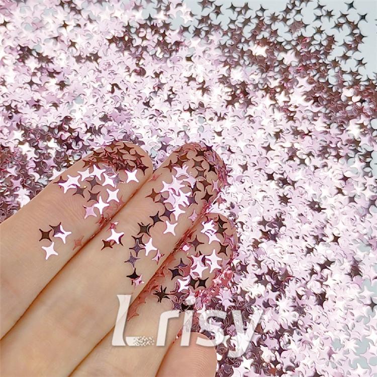 3/4/5mm Four Pointed Star Shapes Pink Glitter B0920