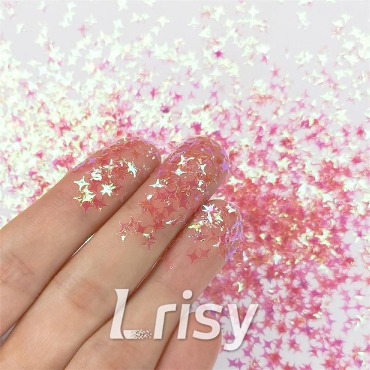 3/4/5mm Four Pointed Star Shapes Rose Pink Translucent Glitter C018