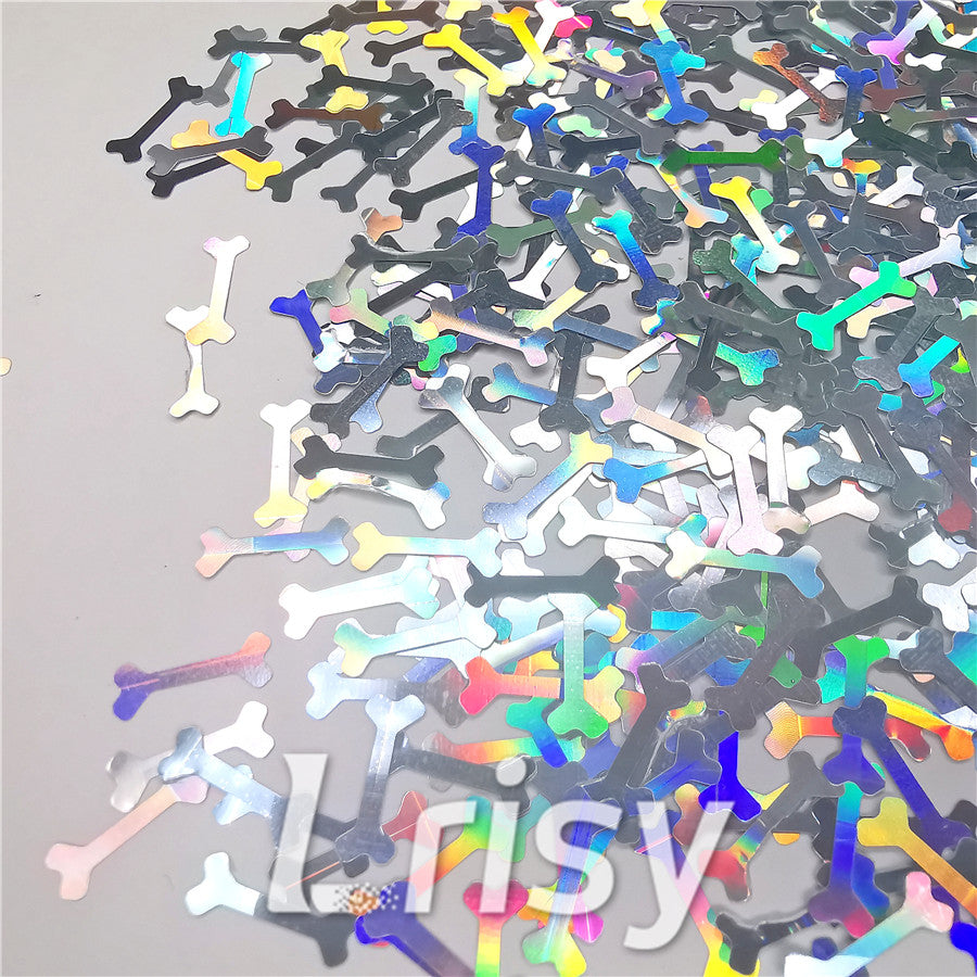 10mm Holographic Silver Bone Shaped Glitter LB0100