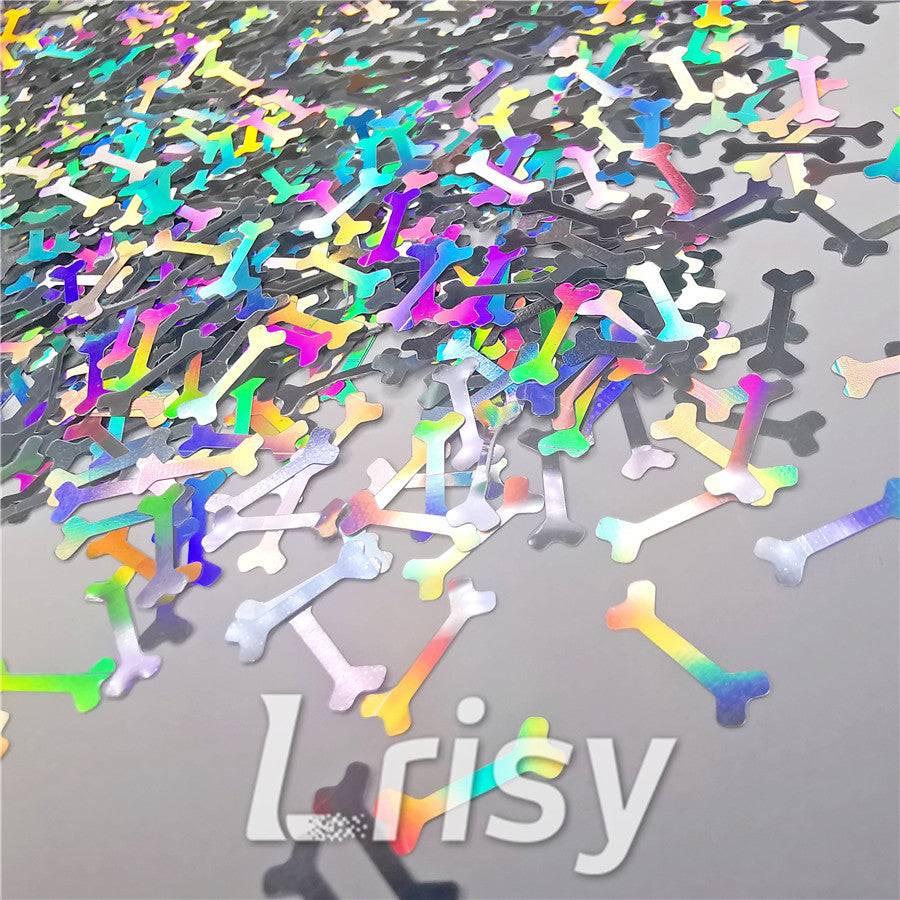 10mm Holographic Silver Bone Shaped Glitter LB0100