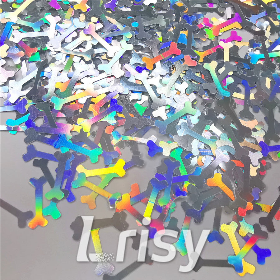 10mm Holographic Silver Bone Shaped Glitter LB0100