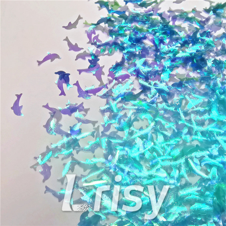 Dolphin Shaped Dream Sky Blue Iridescent Glitter C007