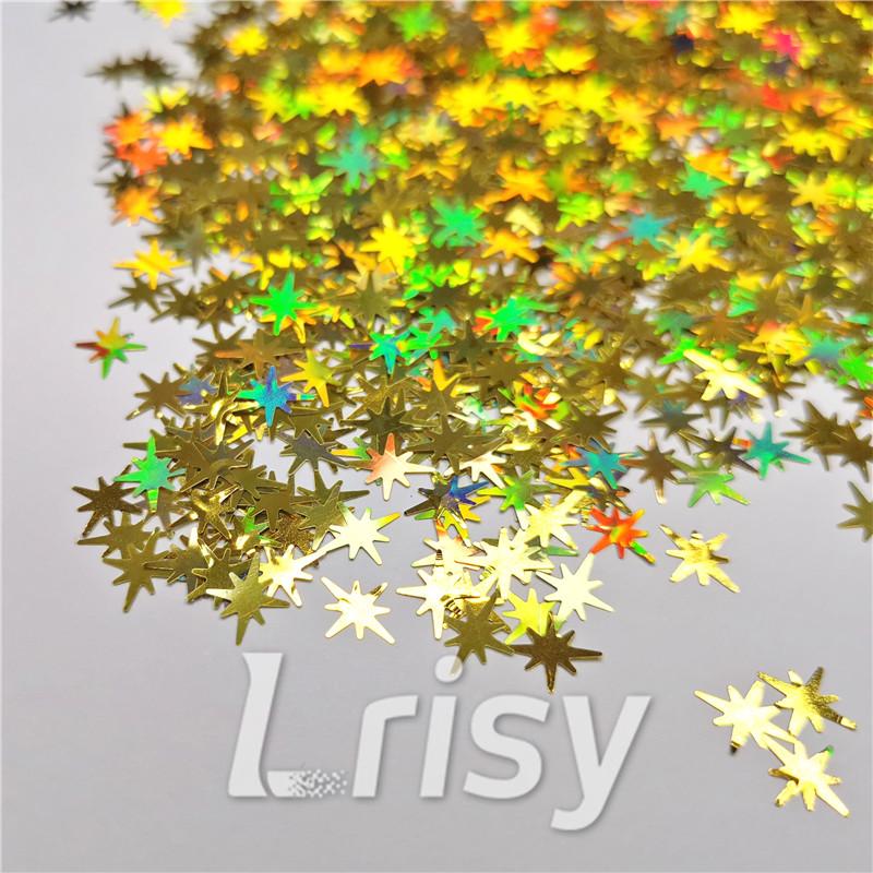 9mm Eight Pointed Star Shapes Laser Gold Glitter LB0210