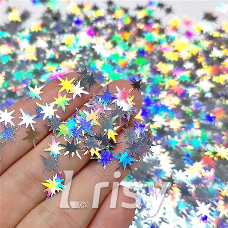 9mm Eight Pointed Star Shapes Laser Silver Glitter LB0100