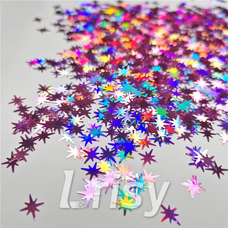 9mm Eight Pointed Star Shapes Laser Pink Glitter LB0901