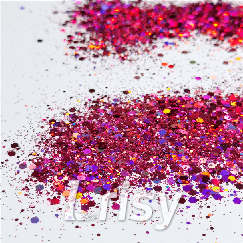 General Mixed Holographic Rose Red Glitter Hexagon Shaped LB0912