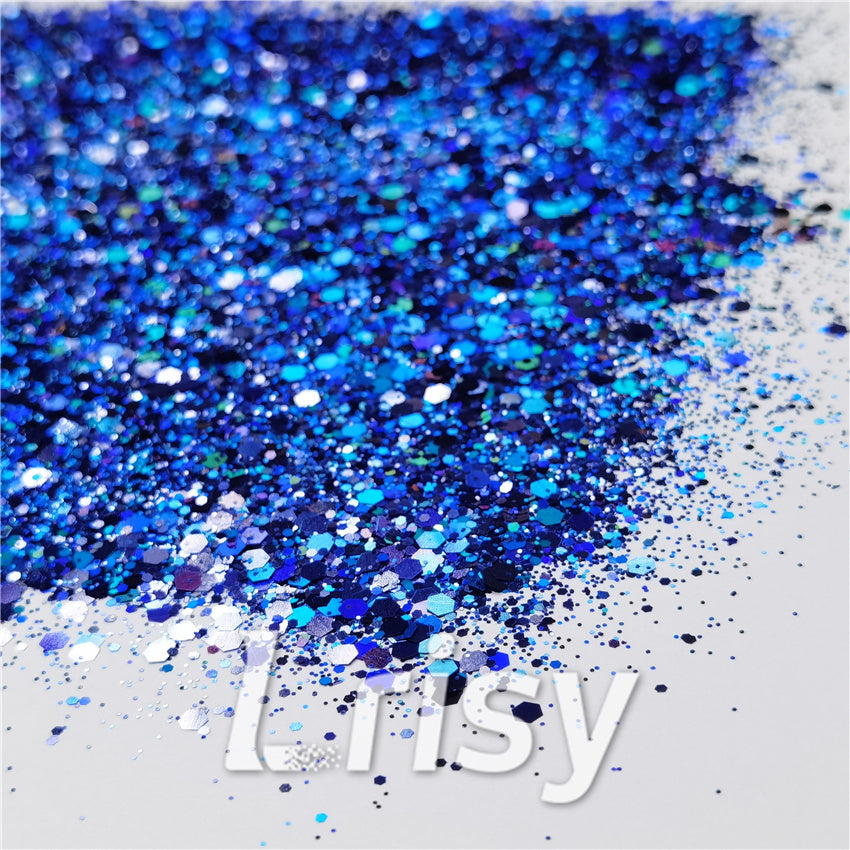 General Mixed Holographic Deep Blue Glitter Hexagon Shaped LB0705
