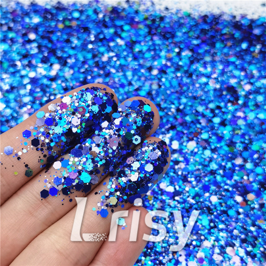 General Mixed Holographic Deep Blue Glitter Hexagon Shaped LB0705