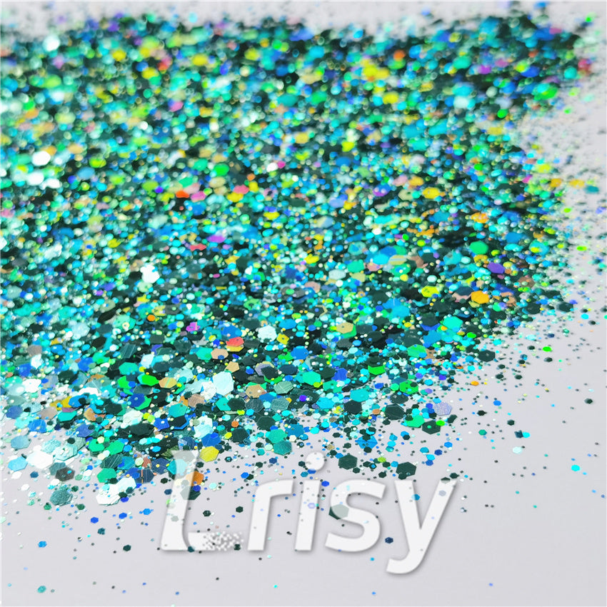 General Mixed Holographic Teal Green Glitter Hexagon Shaped LB0702
