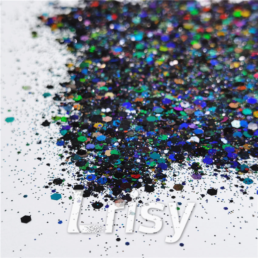 General Mixed Holographic Black Glitter Hexagon Shaped LB01000