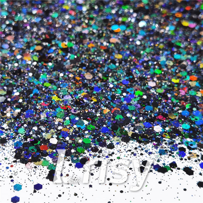 General Mixed Holographic Black Glitter Hexagon Shaped LB01000