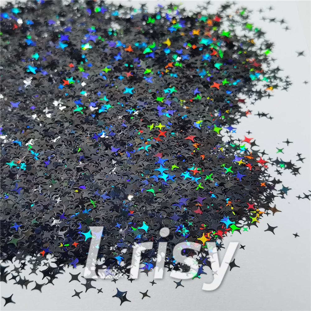 3/4/5mm Mixed Four Pointed Star Shapes Laser Black Glitter LB01000