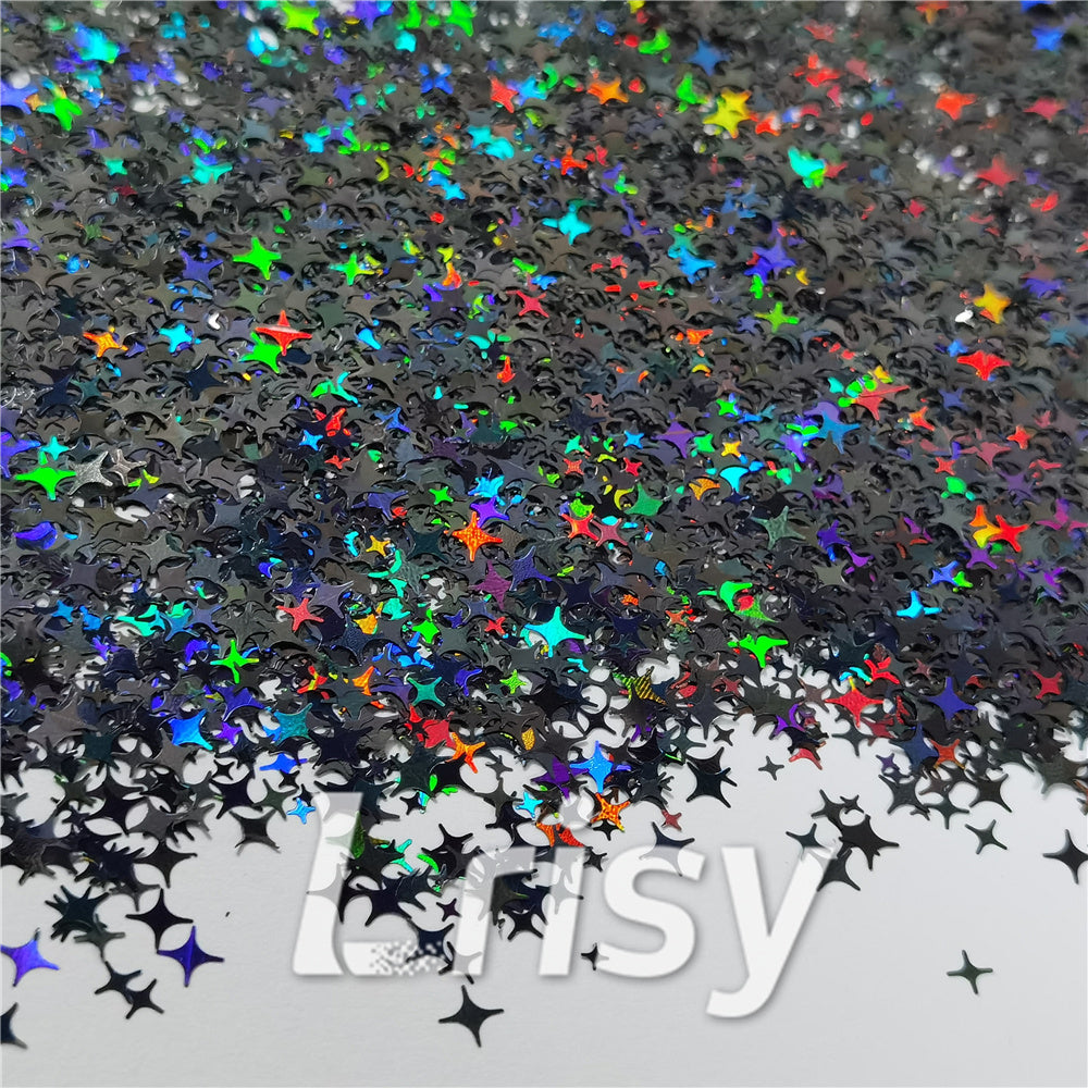 3/4/5mm Mixed Four Pointed Star Shapes Laser Black Glitter LB01000