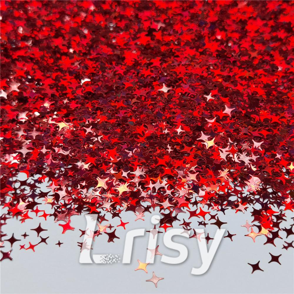 3/4/5mm Mixed Four Pointed Star Shapes Laser Red Glitter LB0300