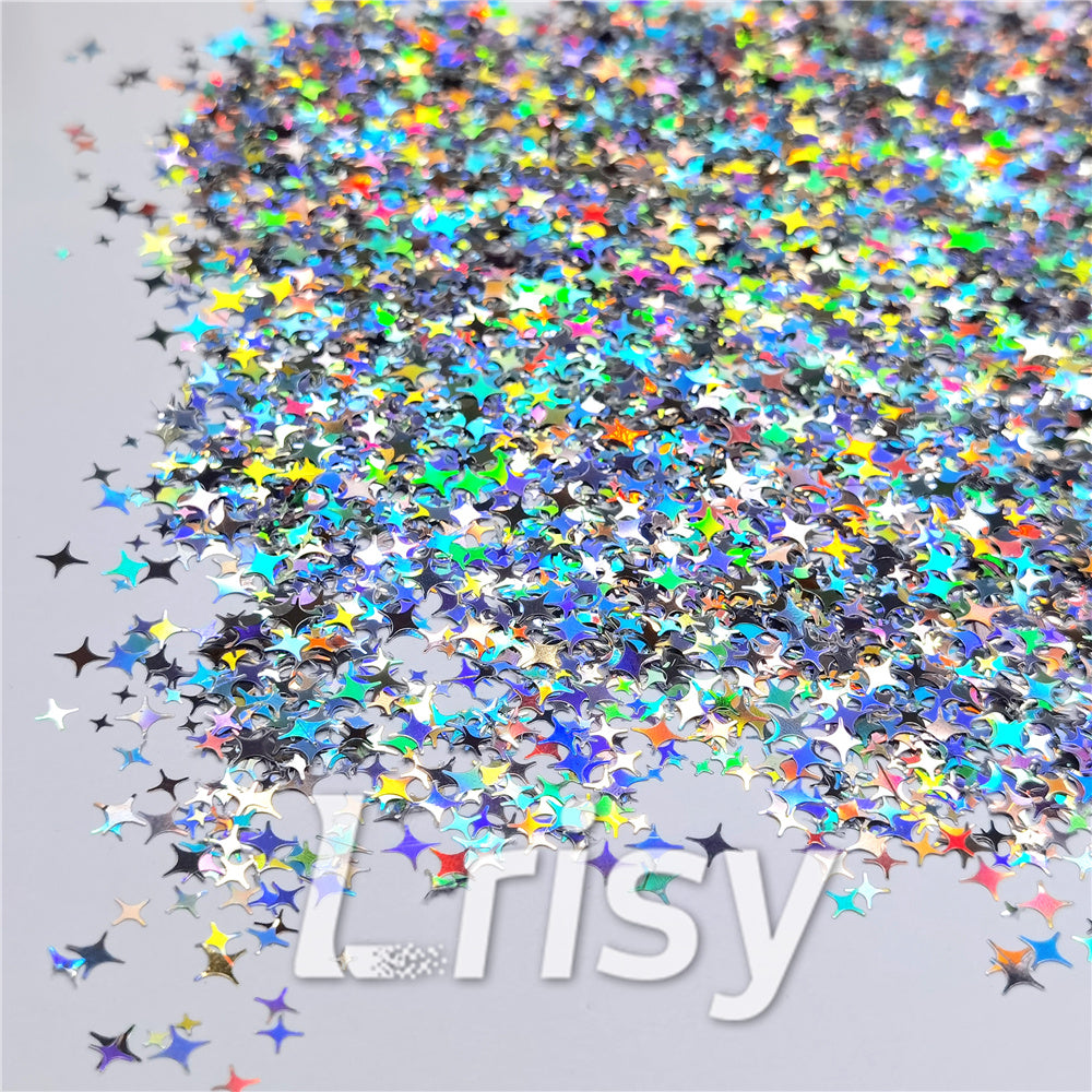 3/4/5mm Mixed Four Pointed Star Shapes Laser Silver Glitter LB0100