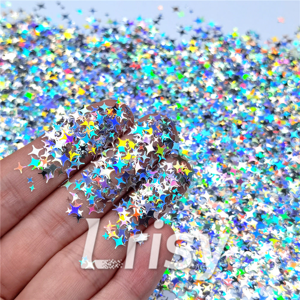 3/4/5mm Mixed Four Pointed Star Shapes Laser Silver Glitter LB0100