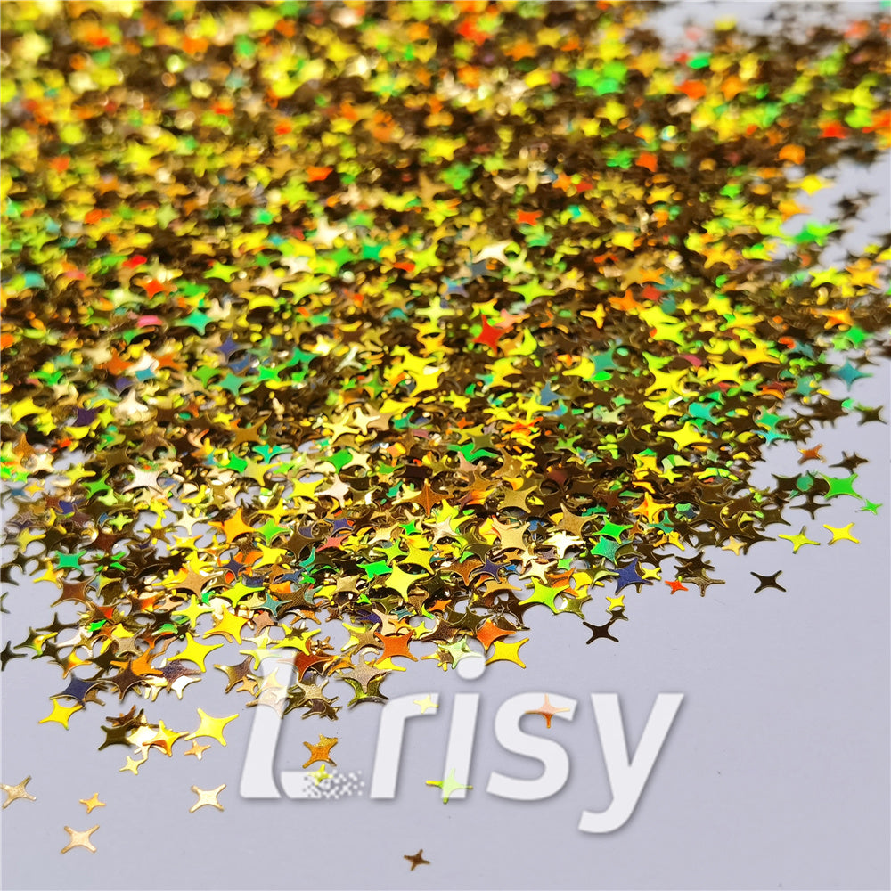 3/4/5mm Mixed Four Pointed Star Shapes Laser Gold Glitter LB0210