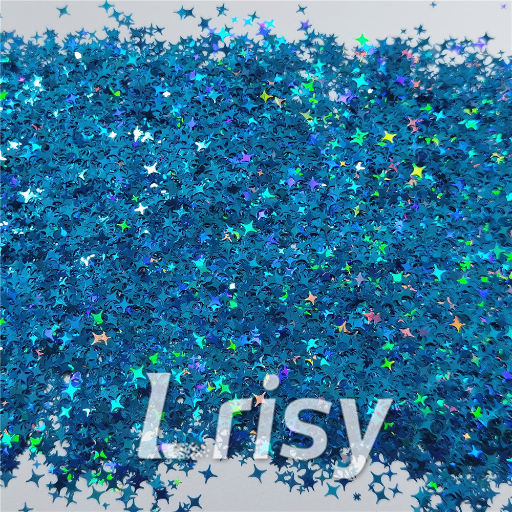 3/4/5mm Mixed Four Pointed Star Shapes Laser Sky Blue Glitter LB0700