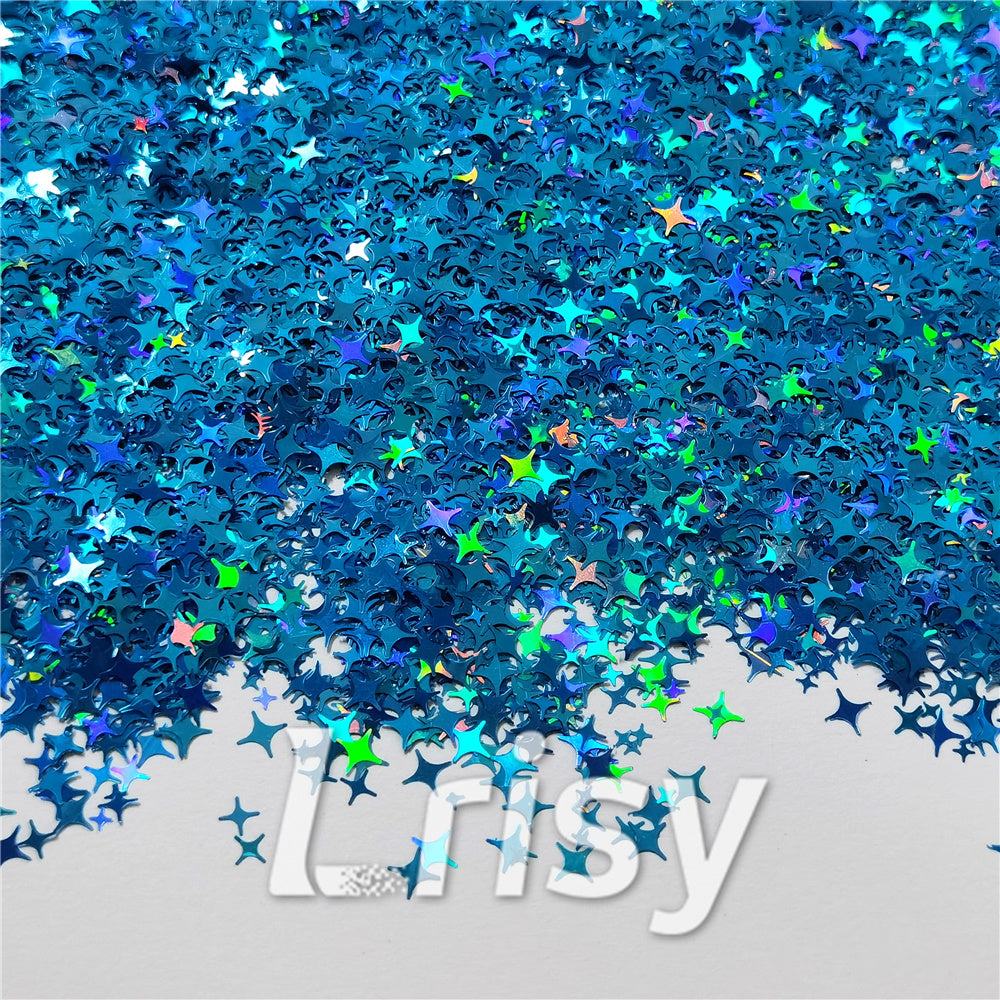 3/4/5mm Mixed Four Pointed Star Shapes Laser Sky Blue Glitter LB0700