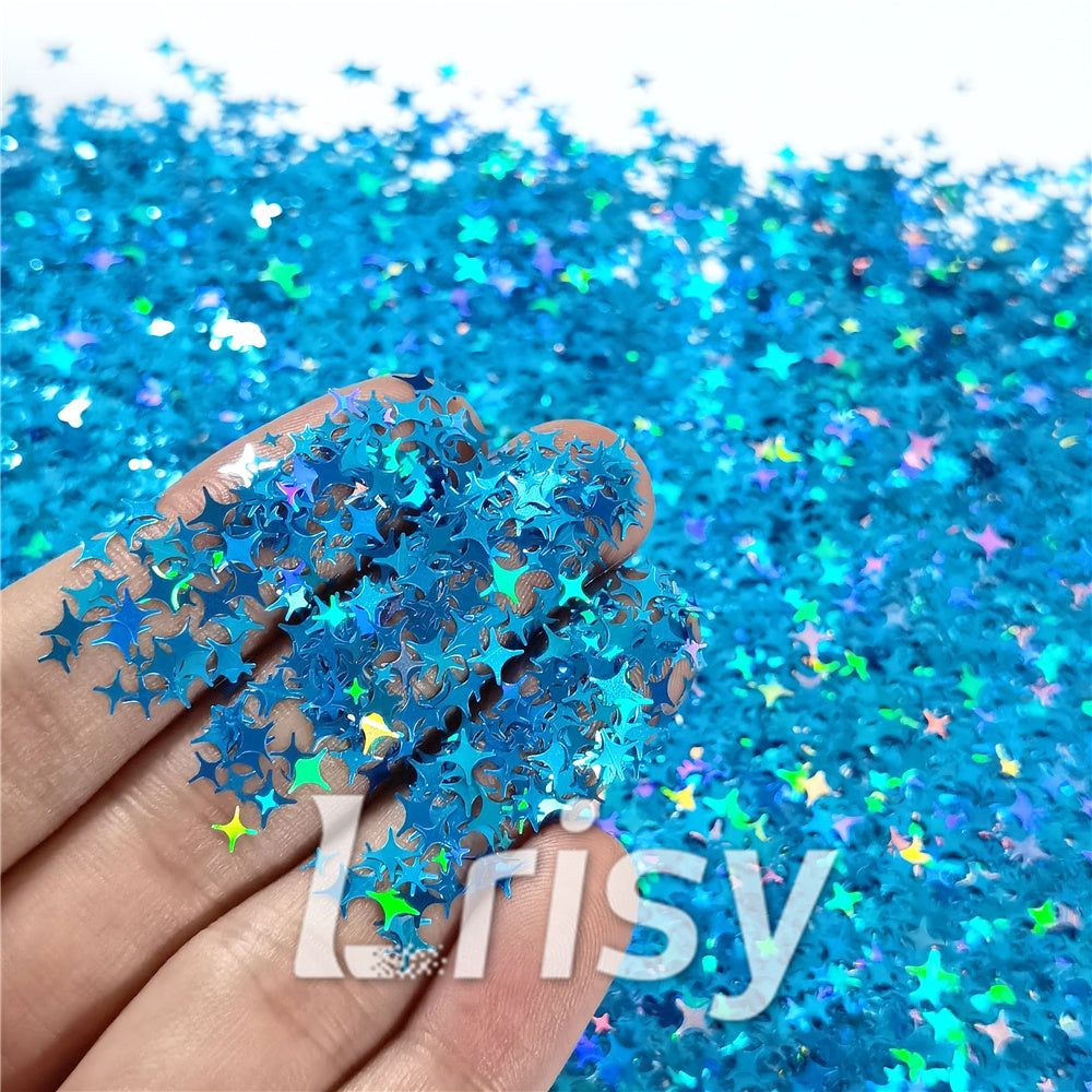 3/4/5mm Mixed Four Pointed Star Shapes Laser Sky Blue Glitter LB0700