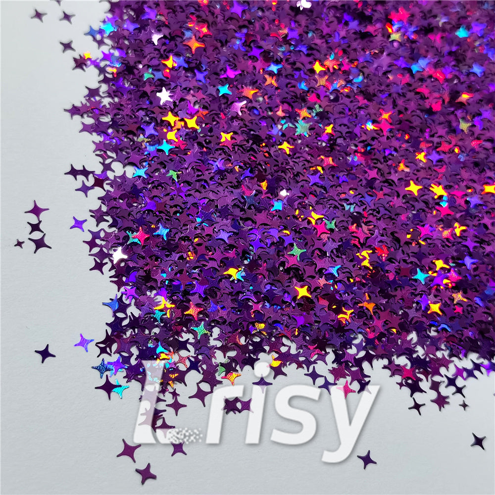 3/4/5mm Mixed Four Pointed Star Shapes Laser Purple Glitter LB0800