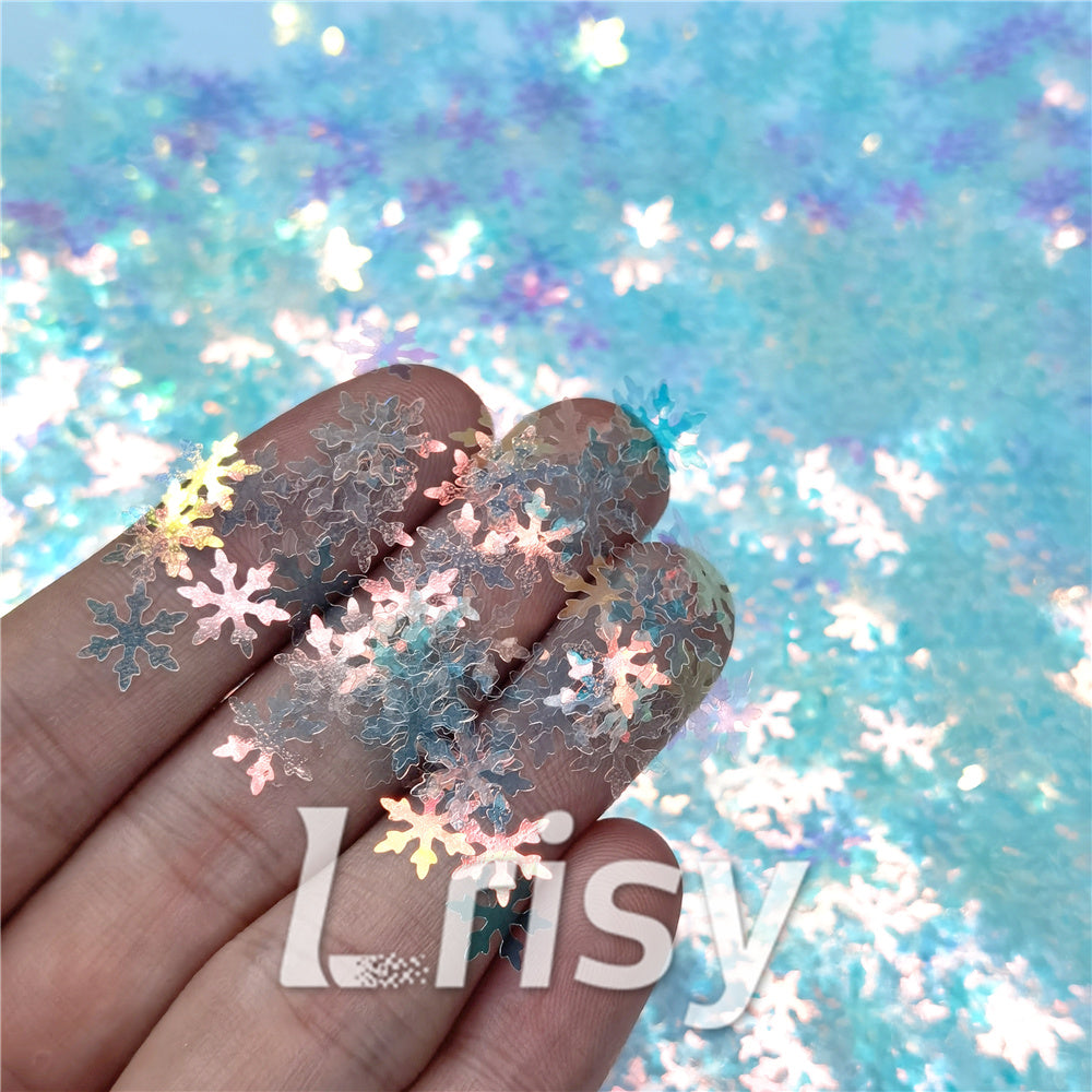 9mm Snowflake Shaped Iridescent Blue Translucent Glitter C021