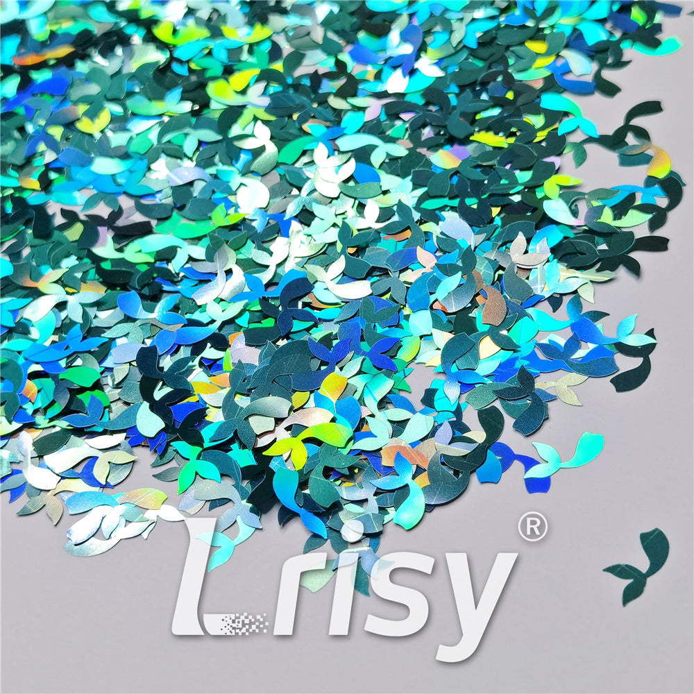9mm Fish Tail Shaped Holographic Teal Green Glitter LB0702